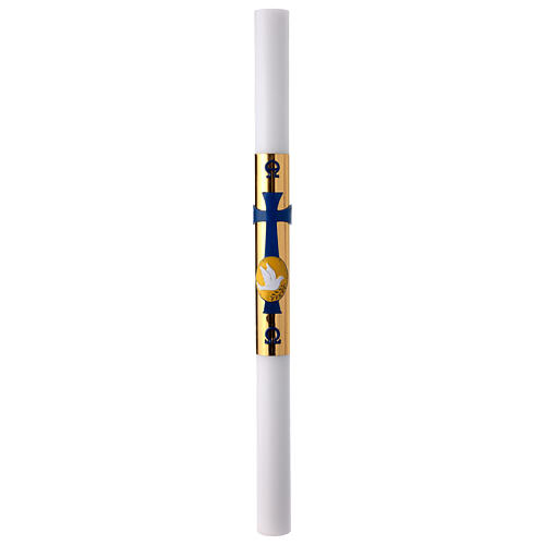 White Paschal candle, 3x47 in, dove over blue cross and golden background 2