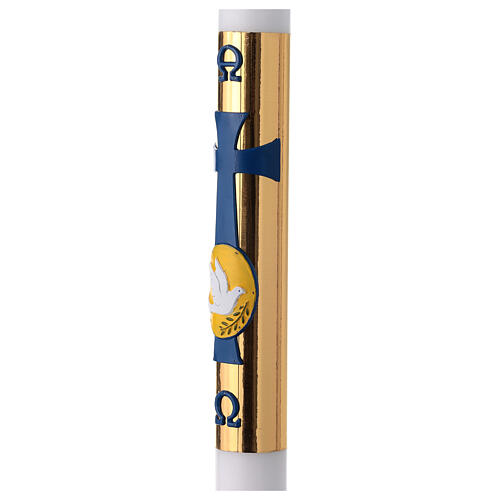 White Paschal candle, 3x47 in, dove over blue cross and golden background 3