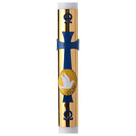 Cierge pascal doré colombe sur croix bleue fond doré 8x120 cm cire blanche