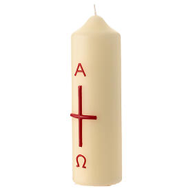 White Paschal candle with red modern cross, alpha and omega, 6.5x2 in