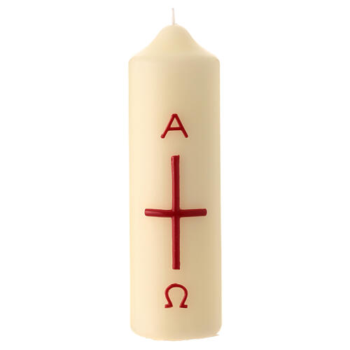 White Paschal candle with red modern cross, alpha and omega, 6.5x2 in 1