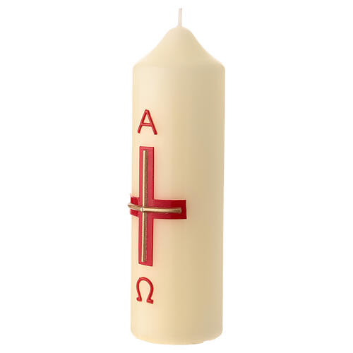 Weiße Osterkerze mit Alpha und Omega und Kreuz in modernem Stil, Rot und Goldfarben, 16,5x5 cm 2