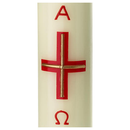 Weiße Osterkerze mit Alpha und Omega und Kreuz in modernem Stil, Rot und Goldfarben, 16,5x5 cm 2