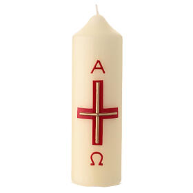 White Paschal candle with golden modern cross, red alpha and omega, 6.5x2 in