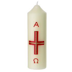 White Paschal candle with golden modern cross, red alpha and omega, 6.5x2 in