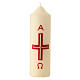 White Paschal candle with golden modern cross, red alpha and omega, 6.5x2 in s1