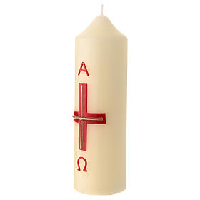 Świeca wielkanocna biała, krzyż nowoczesny złoty, alfa i omega czerwone, 16,5x5 cm