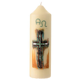 White Paschal candle with abstract silver cross, alpha and omega, 6.5x2 in
