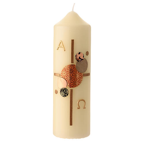 Modern Paschal candle, golden cross with circle pattern, alpha and omega, 6.5x2 in 1