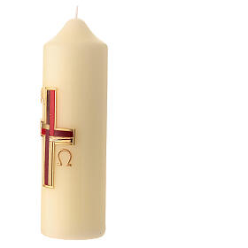 Modern Paschal candle with red and golden geometric cross, alpha and omega, 6.5x2 in