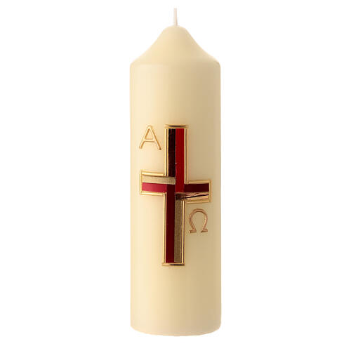 Modern Paschal candle with red and golden geometric cross, alpha and omega, 6.5x2 in 1
