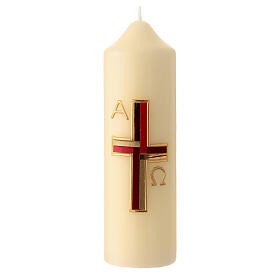 Vela pascal moderna cruz vermelha e ouro geométrica alfa ómega 16,5x5 cm