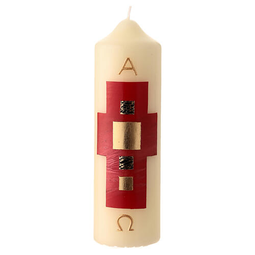 White Paschal candle with red modern cross and golden squares, 6.5x2 in 1