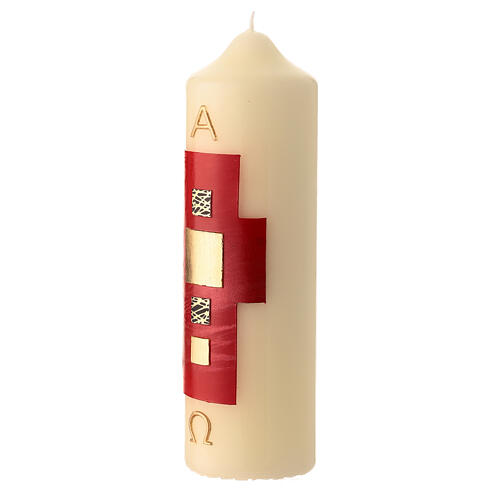 White Paschal candle with red modern cross and golden squares, 6.5x2 in 2
