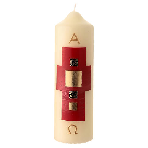 Candela pasquale bianca croce moderna rossa quadrati oro 16,5x5 cm 1