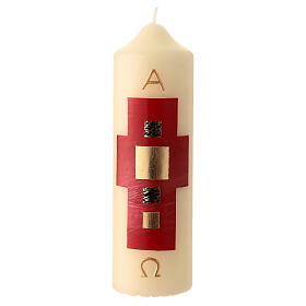 Vela pascal branca cruz moderna vermelha quadrados dourados 16,5x5 cm