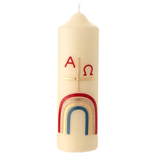 Paschal candle with rainbow on a cross, alpha and omega, 6.5x2 in 1