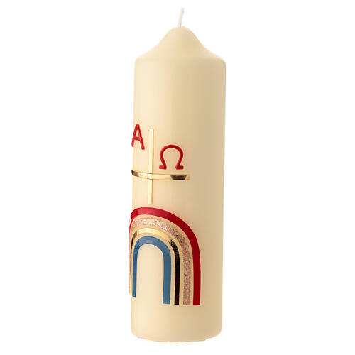 Paschal candle with rainbow on a cross, alpha and omega, 6.5x2 in 2