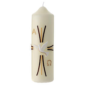 Modern Paschal candle, dove over stylised cross with Alpha and Omega, 6.5x2 in