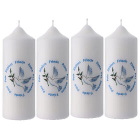 Set of 4 white candles with the dove of peace, 6.5x2 in