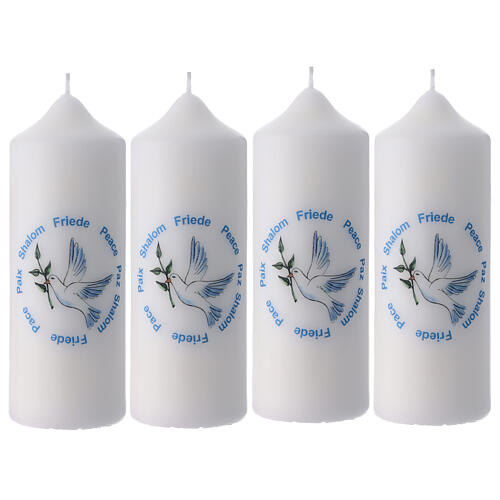 Set of 4 white candles with the dove of peace, 6.5x2 in 1