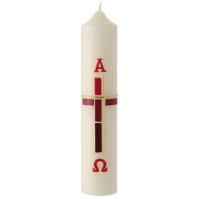 Weiße Osterkerze mit Alpha und Omega und Kreuz in modernem Stil, Rot und Goldfarben, 30x6 cm