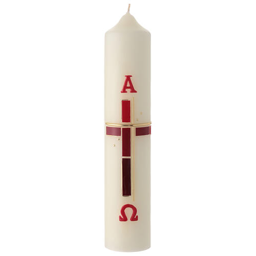 Weiße Osterkerze mit Alpha und Omega und Kreuz in modernem Stil, Rot und Goldfarben, 30x6 cm 1