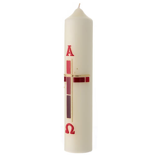 Weiße Osterkerze mit Alpha und Omega und Kreuz in modernem Stil, Rot und Goldfarben, 30x6 cm 2