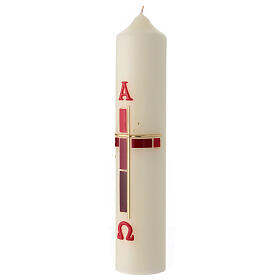 Świeca wielkanocna styl nowoczesny, dek. krzyż oraz alfa i omega czerwone, 30x6 cm