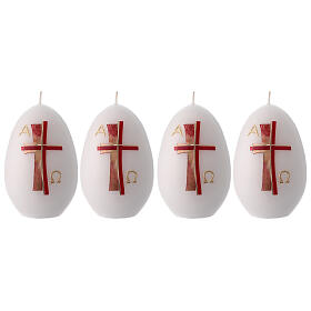 Set aus 4 weißen ovalen Kerzen mit doppeltem rotem Kreuz, 12x8 cm