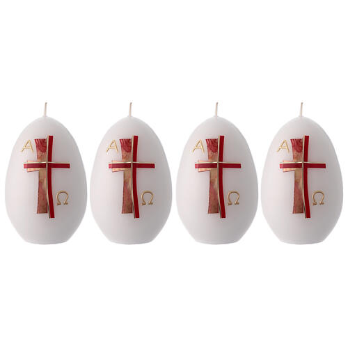 Set of 4 oval white candles with a double red cross, 5x3 in 1