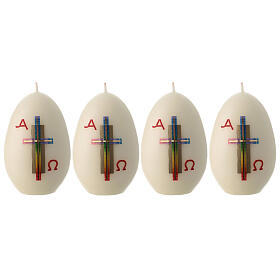 Set aus 4 weißen ovalen Kerzen mit regenbogenfarbenem Kreuz, 12x8 cm
