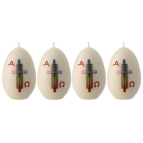 Set of 4 oval white candles with a rainbow cross, 5x3 in 1