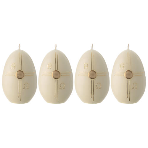 Set of 4 oval white candles with a stylised golden cross, 5x3 in 1