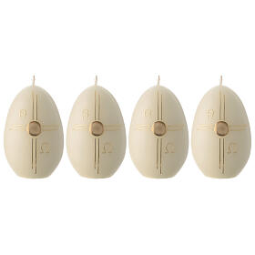 Conjunto 4 velas ovais brancas cruz estilizada dourada 12x8 cm