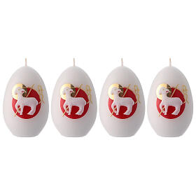 Set aus 4 weißen eiförmigen Kerzen mit Osterlamm-Motiv, 12x8 cm