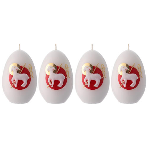 Set aus 4 weißen eiförmigen Kerzen mit Osterlamm-Motiv, 12x8 cm 1