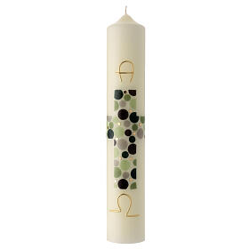 Ivory Paschal candle with green modern cross and golden Alpha and Omega, 16x3 in