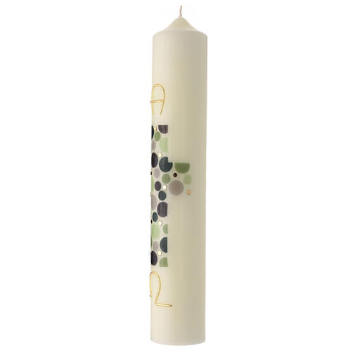 Ivory Paschal candle with green modern cross and golden Alpha and Omega, 16x3 in 3