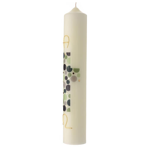 Bougie pascale couleur ivoire croix moderne verte alpha oméga or 40x7 cm 3