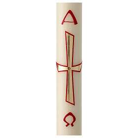Paschal candle with modern golden cross and red Alpha and Omega, 30x3 in