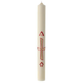 Paschal candle with modern golden cross and red Alpha and Omega, 30x3 in