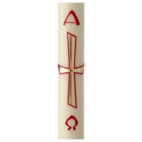 Paschal candle with modern golden cross and red Alpha and Omega, 30x3 in 1