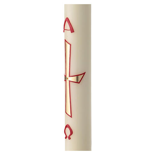 Paschal candle with modern golden cross and red Alpha and Omega, 30x3 in 3