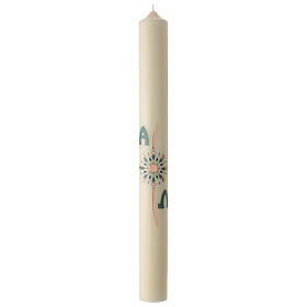 Modern Paschal candle with coppery cross, sea-green decoration and lettres Alpha and Omega, 30x3 in