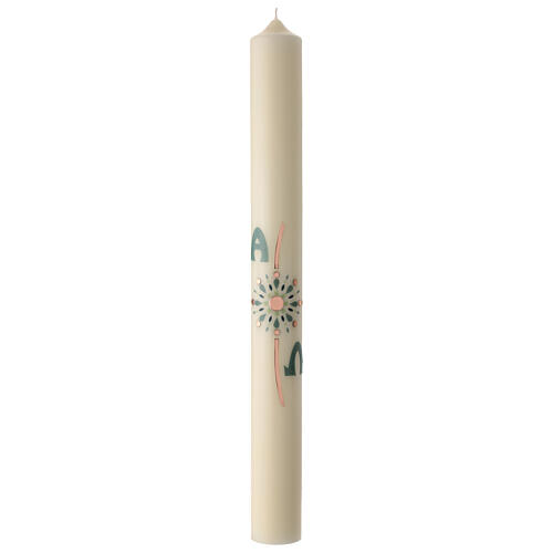 Modern Paschal candle with coppery cross, sea-green decoration and lettres Alpha and Omega, 30x3 in 2