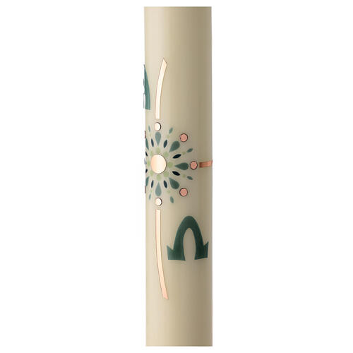 Modern Paschal candle with coppery cross, sea-green decoration and lettres Alpha and Omega, 30x3 in 3