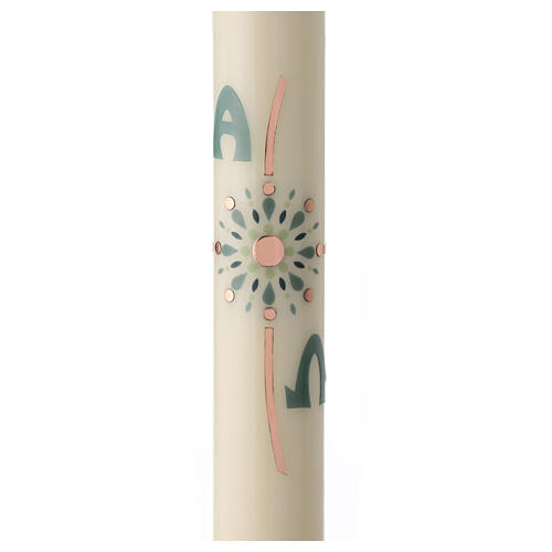Modern style Easter candle with water green alpha and omega cross decorations 80x8 cm 1
