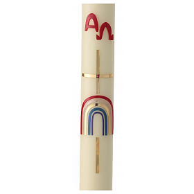Ivory Paschal candle with rainbow, cross and red Alpha and Omega, 30x3 in