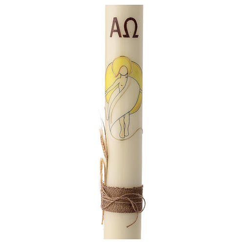 Elfenbeinfarbene Osterkerze im modernen Stil mit dem auferstandenen Jesus und Weizenähren, 80x8 cm 1